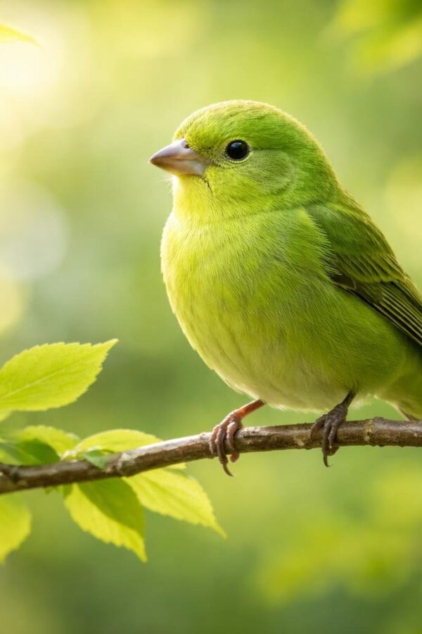 Um passarinho verde pequeno pousado em um galho fino cercado por folhas verdes, com luz suave filtrando entre as folhas.