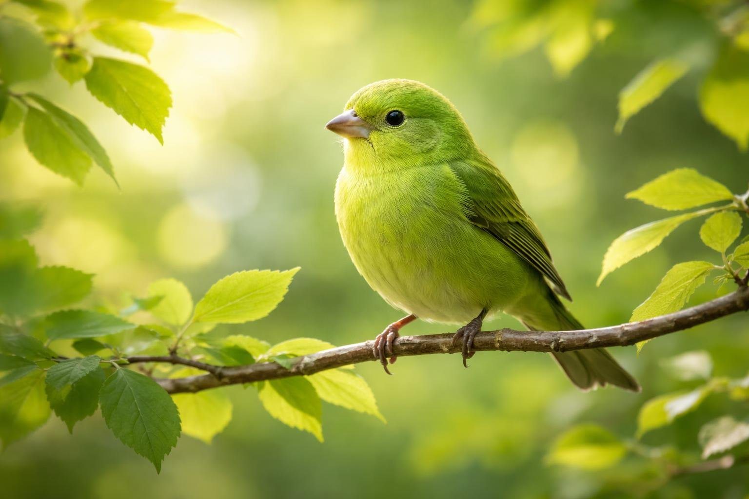 Um passarinho verde pequeno pousado em um galho fino cercado por folhas verdes, com luz suave filtrando entre as folhas.