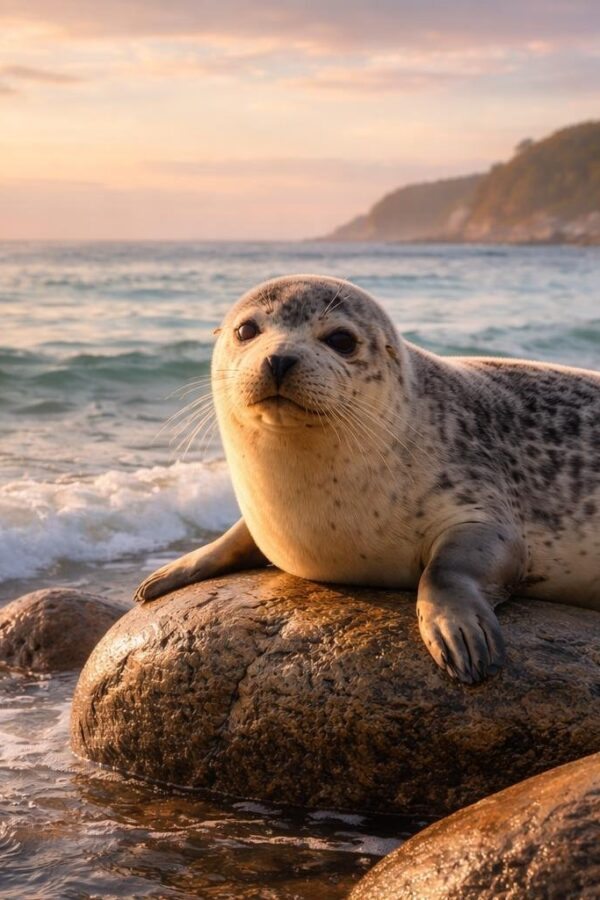 Uma foca descansando em pedras próximas à água em uma costa tranquila ao amanhecer.