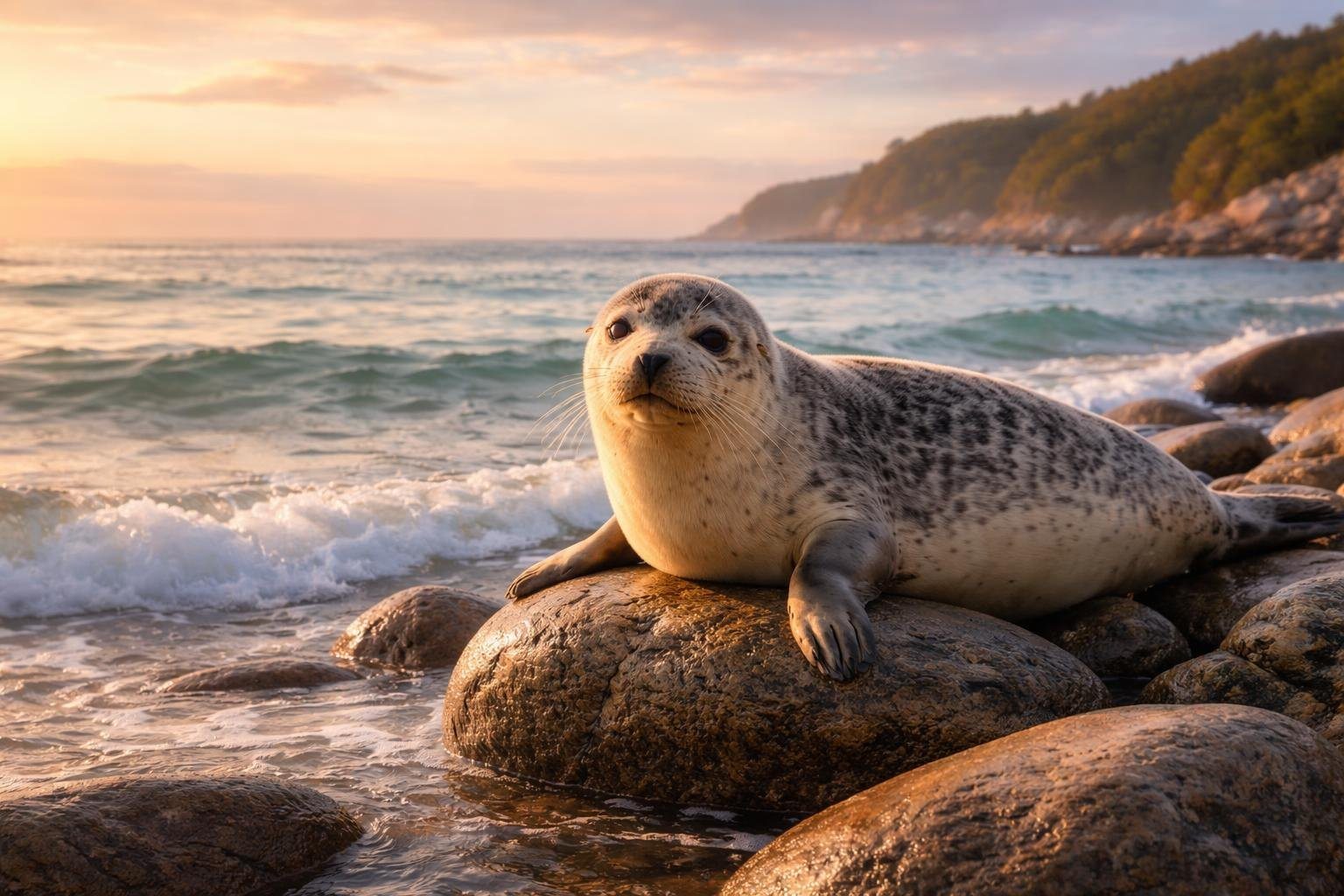 Uma foca descansando em pedras próximas à água em uma costa tranquila ao amanhecer.