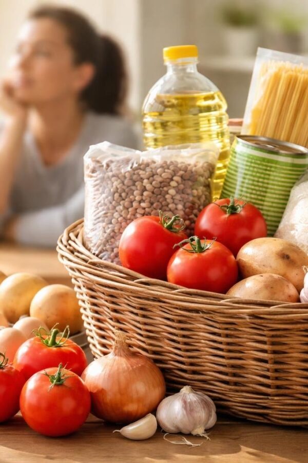 Cesta básica com alimentos essenciais sobre uma mesa de madeira, com uma pessoa ao fundo em expressão pensativa.
