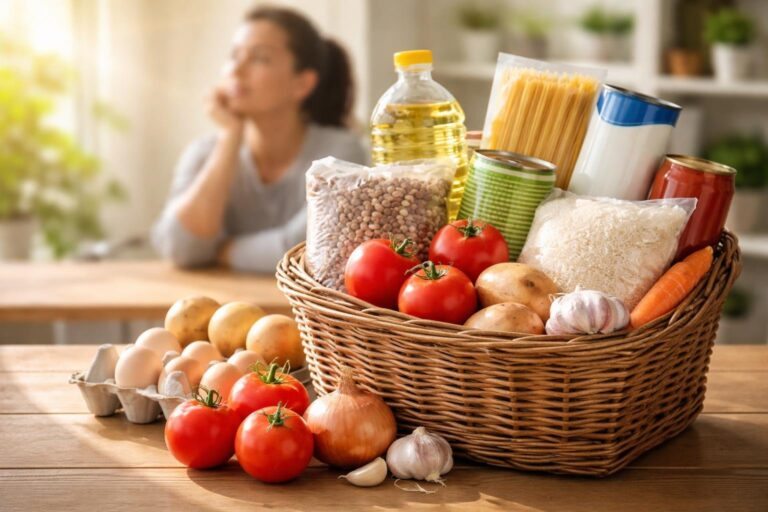 Cesta básica com alimentos essenciais sobre uma mesa de madeira, com uma pessoa ao fundo em expressão pensativa.