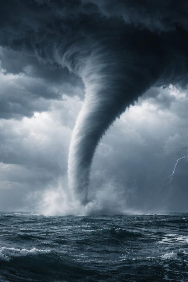 Tromba d'água se formando sobre o oceano em um dia de tempestade, com nuvens escuras e ondas agitadas.