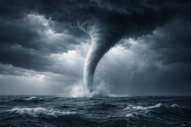 Tromba d'água se formando sobre o oceano em um dia de tempestade, com nuvens escuras e ondas agitadas.
