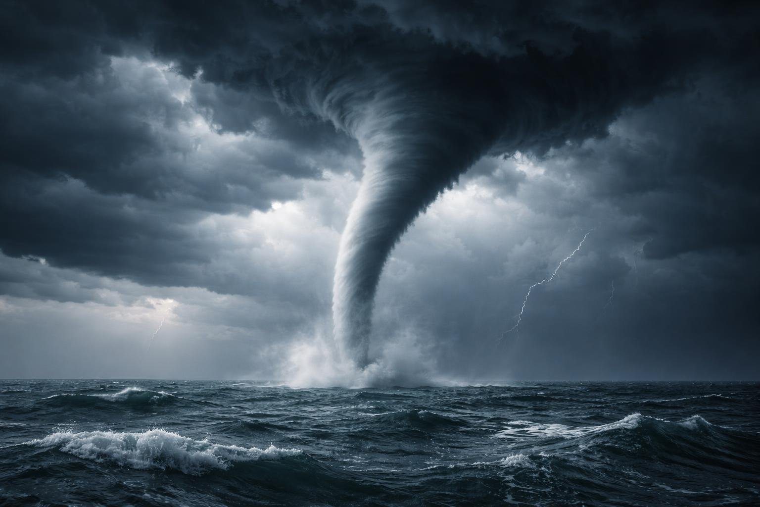 Tromba d'água se formando sobre o oceano em um dia de tempestade, com nuvens escuras e ondas agitadas.