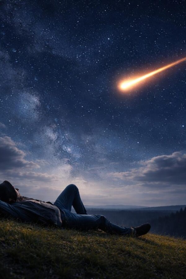 Pessoa deitada em uma colina olhando para o céu noturno com um meteoro brilhante cruzando o céu estrelado.