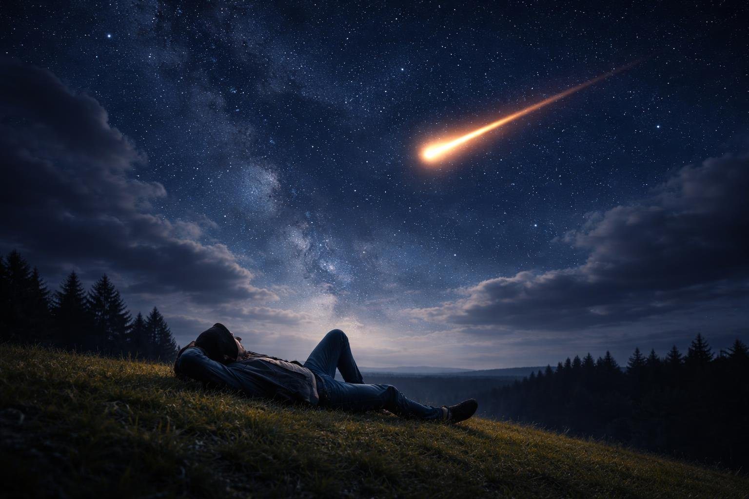 Pessoa deitada em uma colina olhando para o céu noturno com um meteoro brilhante cruzando o céu estrelado.