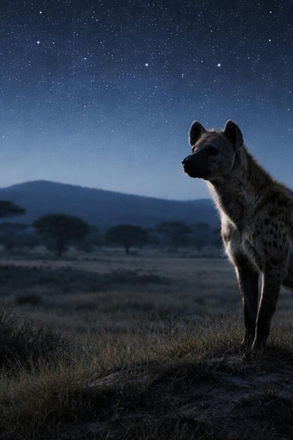 Uma hiena sozinha em uma colina na savana africana à noite, com árvores ao fundo e céu estrelado.