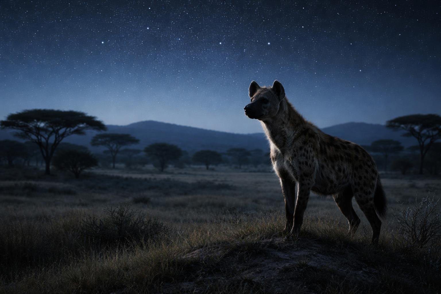 Uma hiena sozinha em uma colina na savana africana à noite, com árvores ao fundo e céu estrelado.