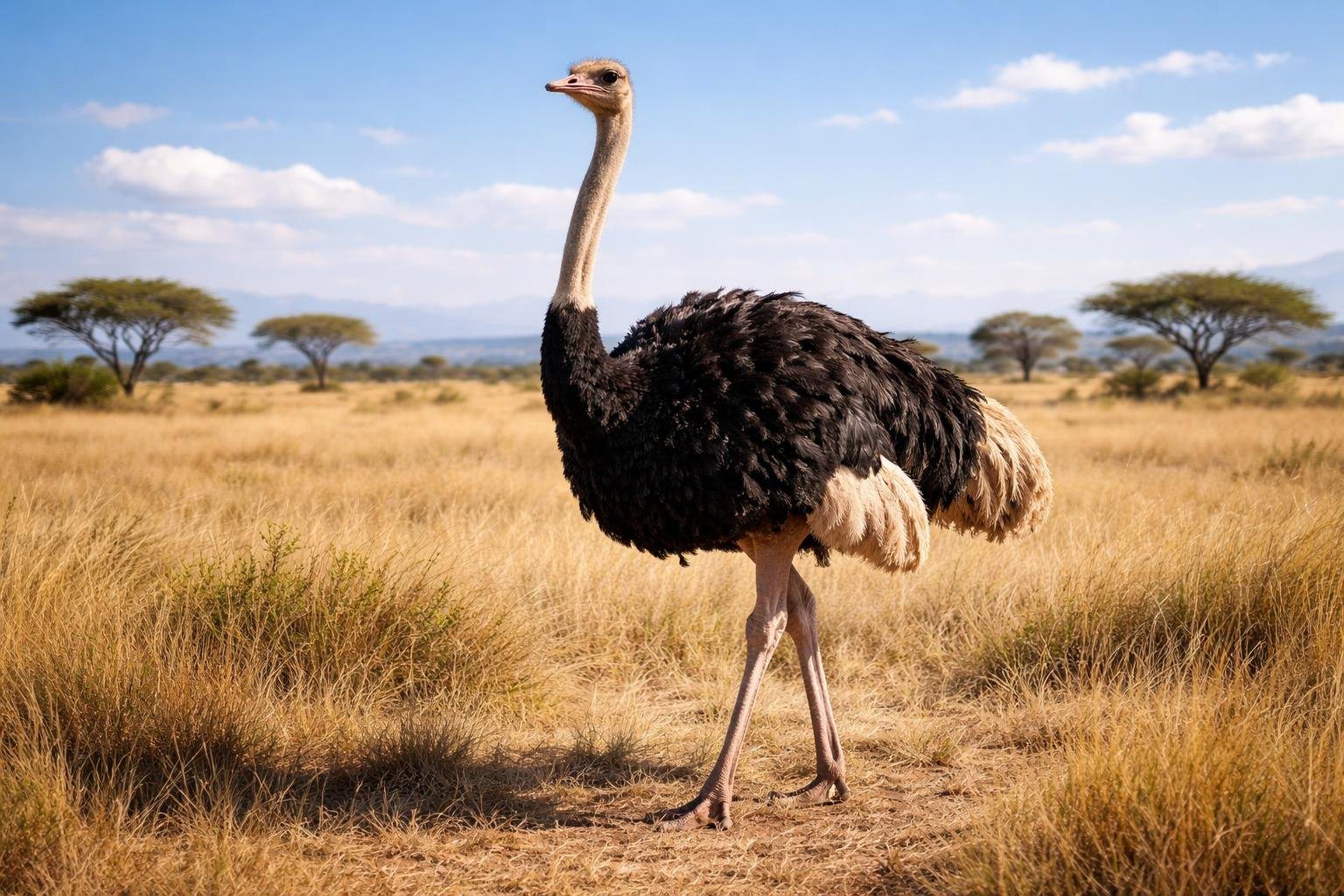 Um avestruz grande em pé em uma savana ampla e ensolarada, com céu azul e árvores ao fundo.