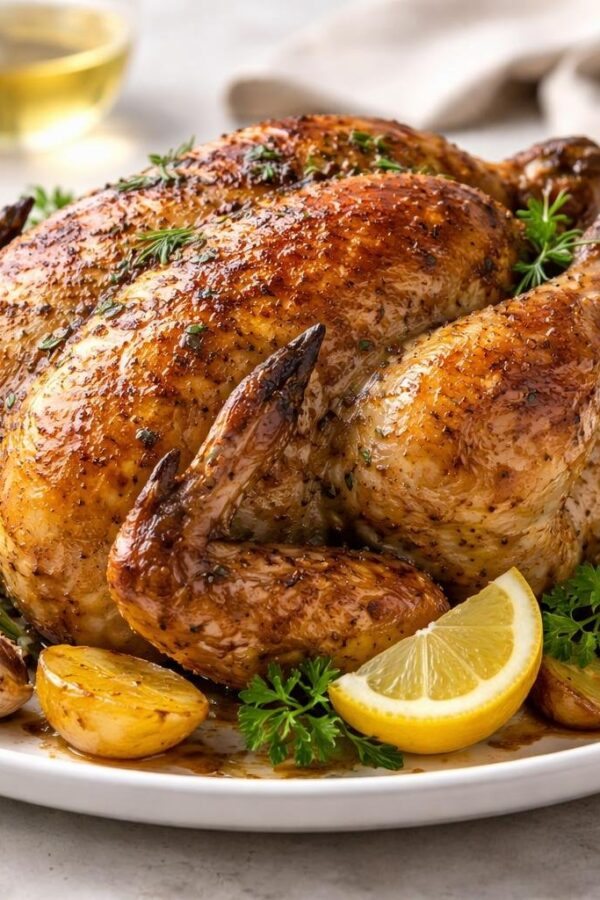 Frango cozido dourado servido em um prato branco com ervas frescas e acompanhamentos sobre uma mesa.