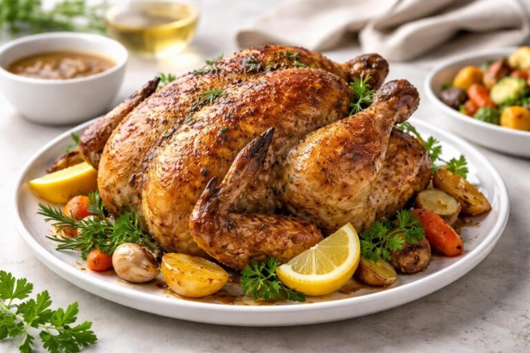 Frango cozido dourado servido em um prato branco com ervas frescas e acompanhamentos sobre uma mesa.