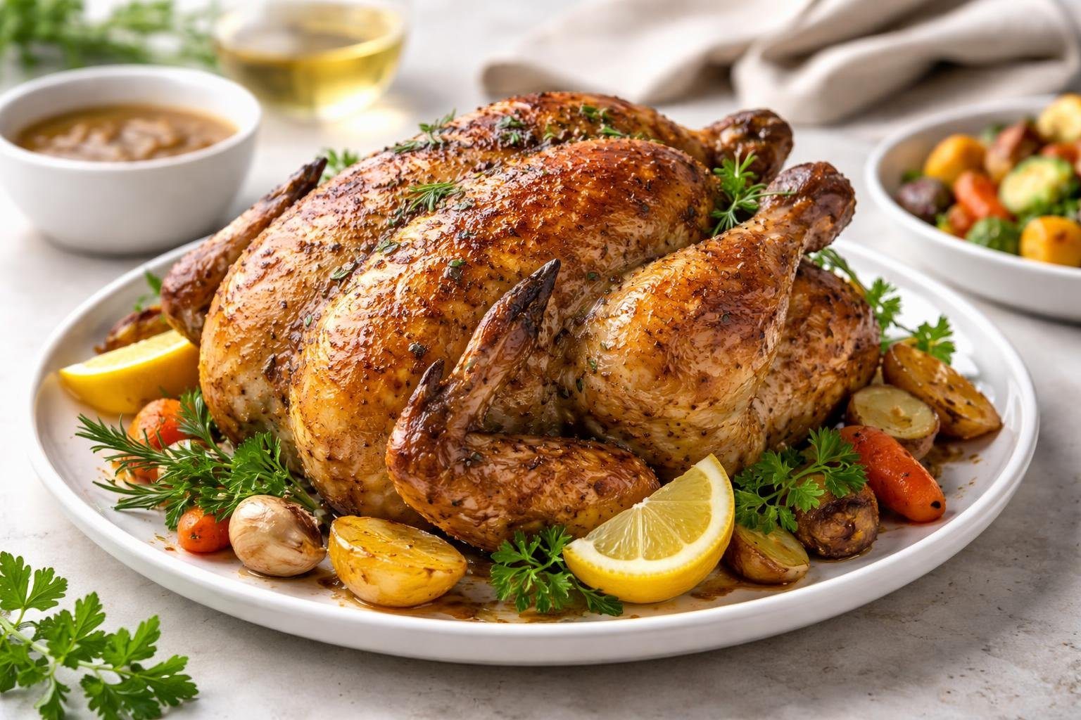 Frango cozido dourado servido em um prato branco com ervas frescas e acompanhamentos sobre uma mesa.