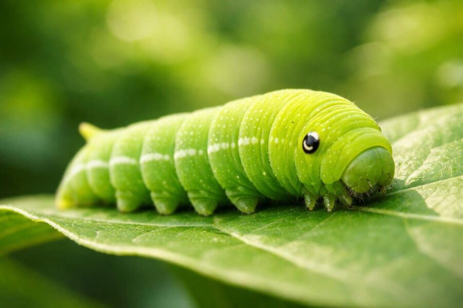 Lagarta verde sobre uma folha verde em um ambiente natural.