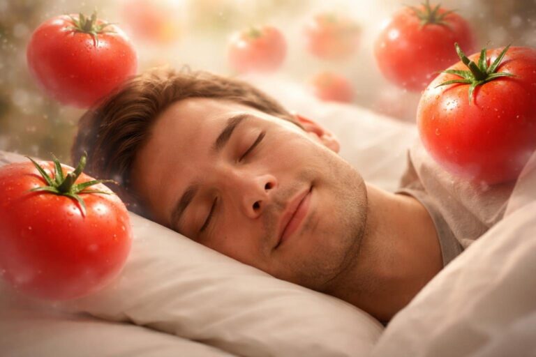 Pessoa com os olhos fechados sonhando com tomates vermelhos vibrantes ao seu redor.