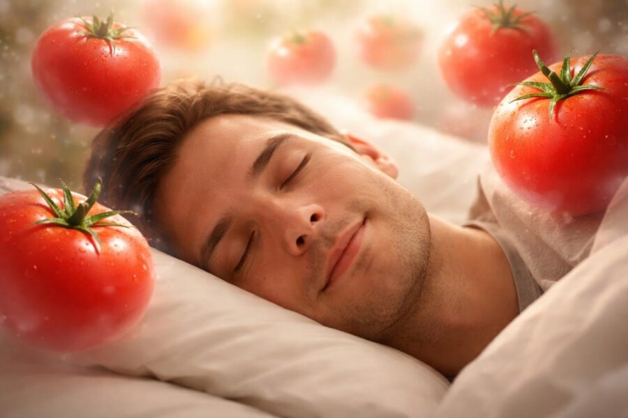 Pessoa com os olhos fechados sonhando com tomates vermelhos vibrantes ao seu redor.