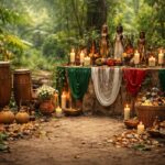 Altar tradicional ao ar livre com objetos rituais, velas, tecidos coloridos e elementos naturais em um ambiente cercado por árvores e vegetação.