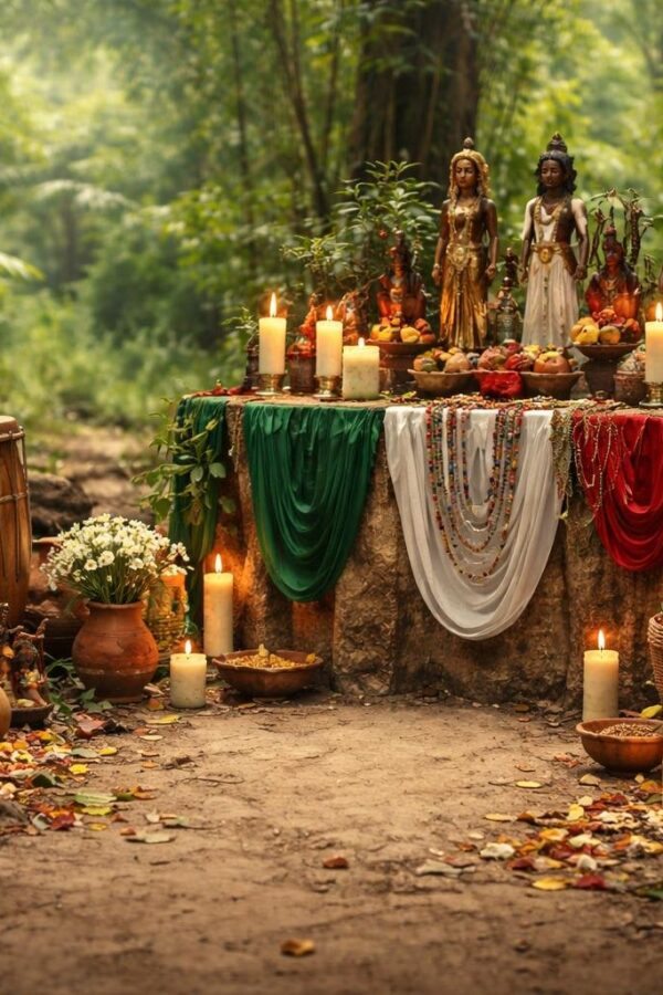 Altar tradicional ao ar livre com objetos rituais, velas, tecidos coloridos e elementos naturais em um ambiente cercado por árvores e vegetação.