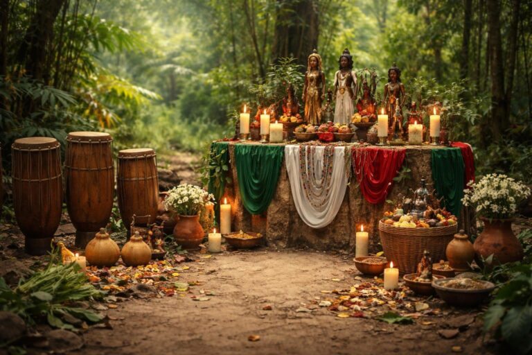 Altar tradicional ao ar livre com objetos rituais, velas, tecidos coloridos e elementos naturais em um ambiente cercado por árvores e vegetação.