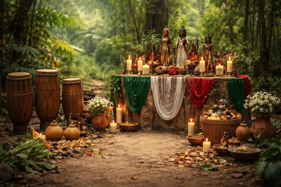 Altar tradicional ao ar livre com objetos rituais, velas, tecidos coloridos e elementos naturais em um ambiente cercado por árvores e vegetação.