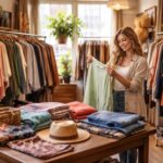 Interior de uma loja de roupas usadas com roupas organizadas em cabides e uma mulher sorridente olhando uma peça de roupa.