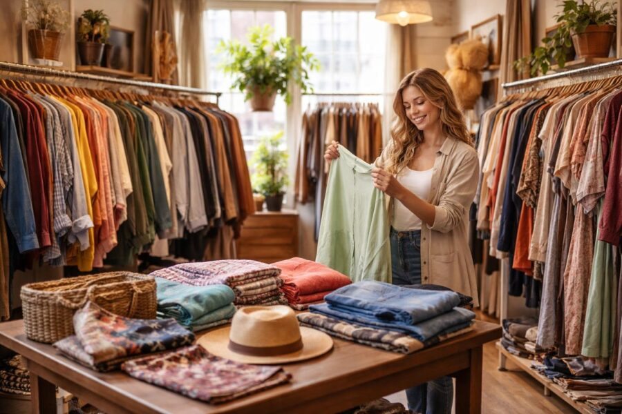 Interior de uma loja de roupas usadas com roupas organizadas em cabides e uma mulher sorridente olhando uma peça de roupa.