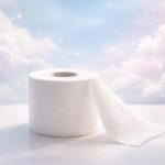 Rolo de papel higiênico branco sobre uma bancada de banheiro limpa, com um fundo suave e elementos que sugerem sonho.