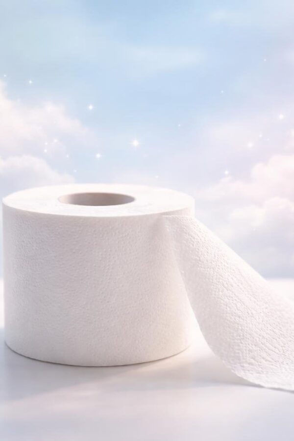 Rolo de papel higiênico branco sobre uma bancada de banheiro limpa, com um fundo suave e elementos que sugerem sonho.