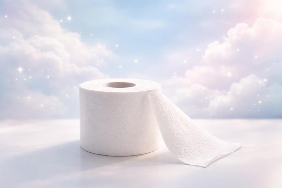 Rolo de papel higiênico branco sobre uma bancada de banheiro limpa, com um fundo suave e elementos que sugerem sonho.