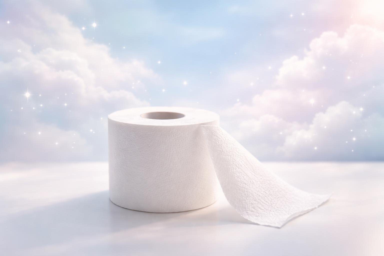 Rolo de papel higiênico branco sobre uma bancada de banheiro limpa, com um fundo suave e elementos que sugerem sonho.
