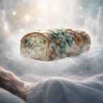 Pessoa em um ambiente etéreo com um pão mofado flutuando, representando um sonho no mundo espiritual.