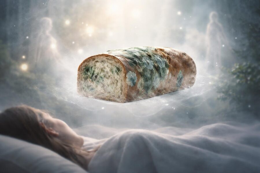 Pessoa em um ambiente etéreo com um pão mofado flutuando, representando um sonho no mundo espiritual.