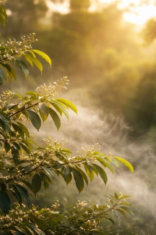 Árvore de macumbeira com folhas e flores ao amanhecer, cercada por névoa suave e floresta verde ao fundo.