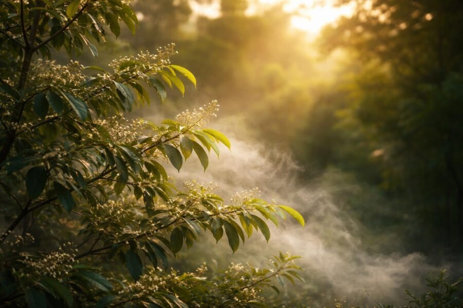 Árvore de macumbeira com folhas e flores ao amanhecer, cercada por névoa suave e floresta verde ao fundo.