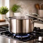 Uma panela de aço inoxidável brilhante em um fogão em uma cozinha moderna e iluminada, com ervas frescas ao redor.