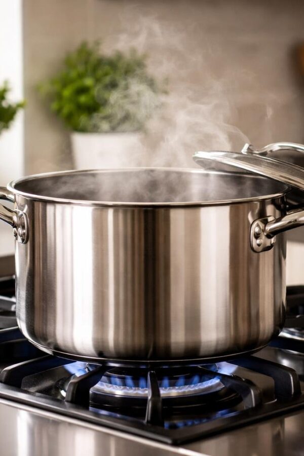 Uma panela de aço inoxidável brilhante em um fogão em uma cozinha moderna e iluminada, com ervas frescas ao redor.