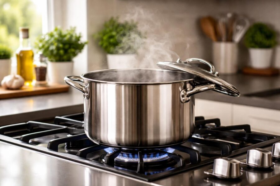 Uma panela de aço inoxidável brilhante em um fogão em uma cozinha moderna e iluminada, com ervas frescas ao redor.