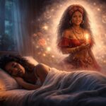 Mulher dormindo tranquilamente em um quarto à noite, com a aparição suave de Maria Mulambo ao seu lado, em um ambiente espiritual e sereno.