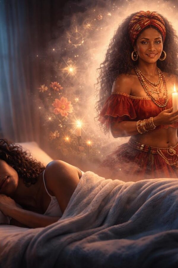 Mulher dormindo tranquilamente em um quarto à noite, com a aparição suave de Maria Mulambo ao seu lado, em um ambiente espiritual e sereno.