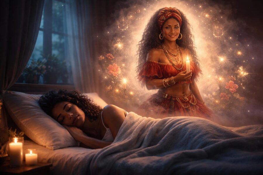 Mulher dormindo tranquilamente em um quarto à noite, com a aparição suave de Maria Mulambo ao seu lado, em um ambiente espiritual e sereno.
