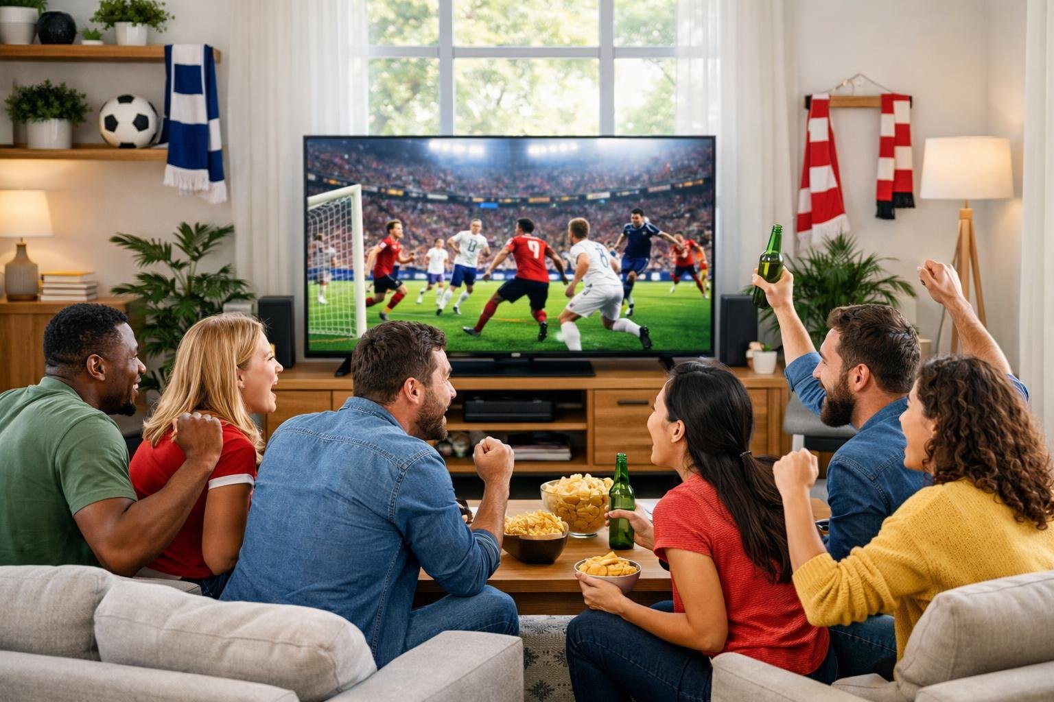 Grupo de amigos assistindo a uma partida de futebol em uma sala de estar moderna e iluminada.