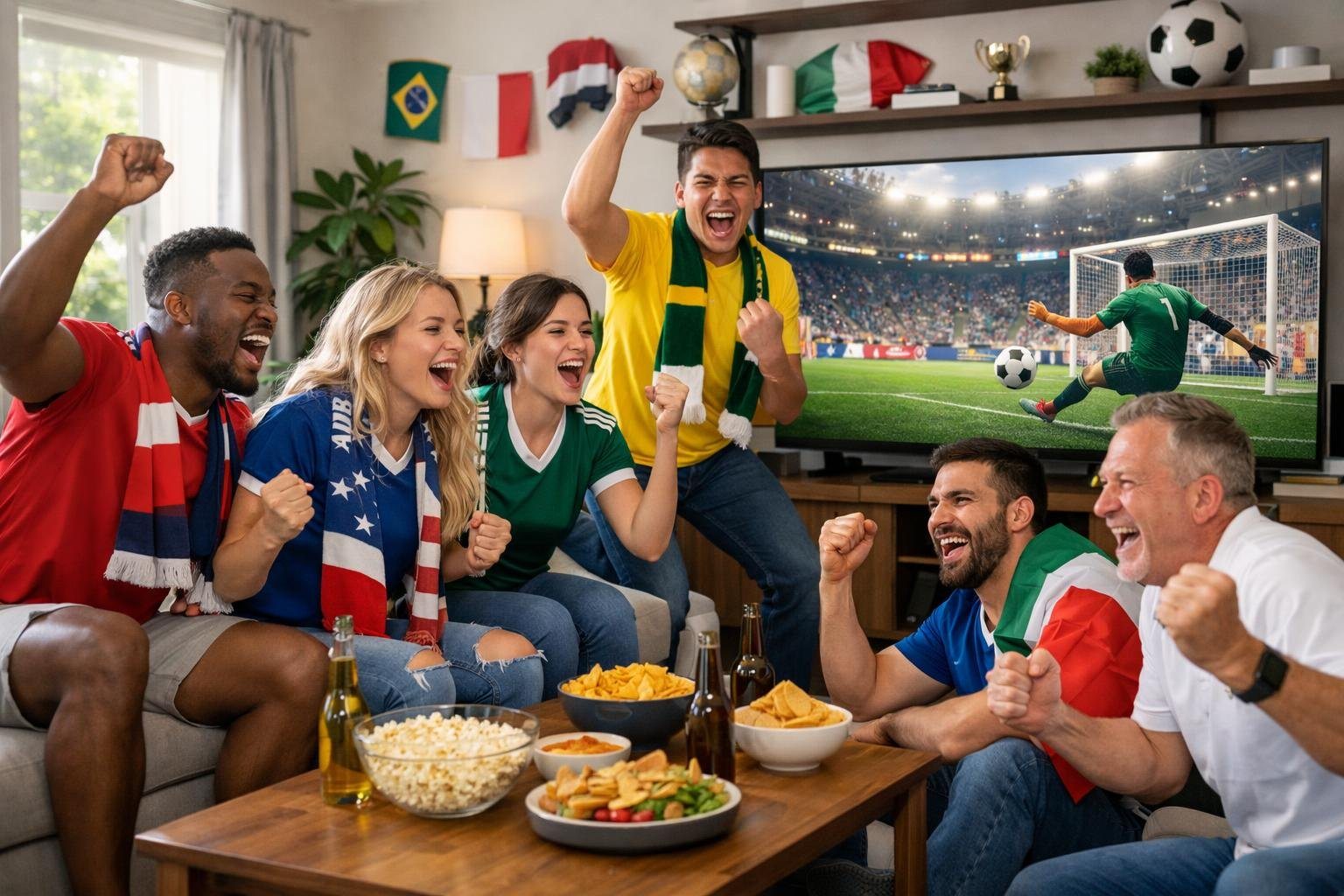 Grupo de pessoas assistindo a um jogo de futebol em uma sala moderna, com decoração temática da Copa do Mundo.
