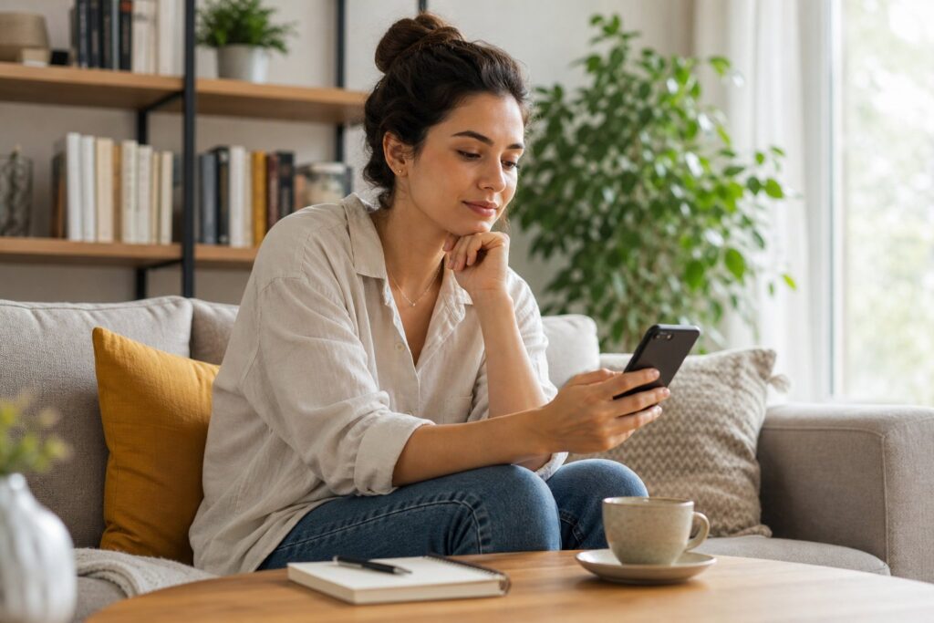 Pessoa jovem sentada em uma sala moderna, segurando um smartphone com expressão pensativa, ao redor há um caderno, uma caneca e uma planta, transmitindo um ambiente calmo e equilibrado.