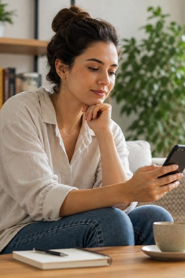 Pessoa jovem sentada em uma sala moderna, segurando um smartphone com expressão pensativa, ao redor há um caderno, uma caneca e uma planta, transmitindo um ambiente calmo e equilibrado.