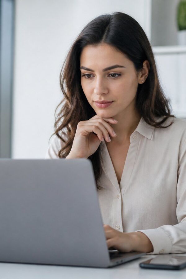 Mulher jovem sentada em uma mesa de escritório moderna, usando um laptop e com expressão pensativa.