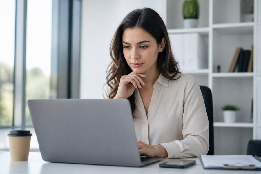 Mulher jovem sentada em uma mesa de escritório moderna, usando um laptop e com expressão pensativa.