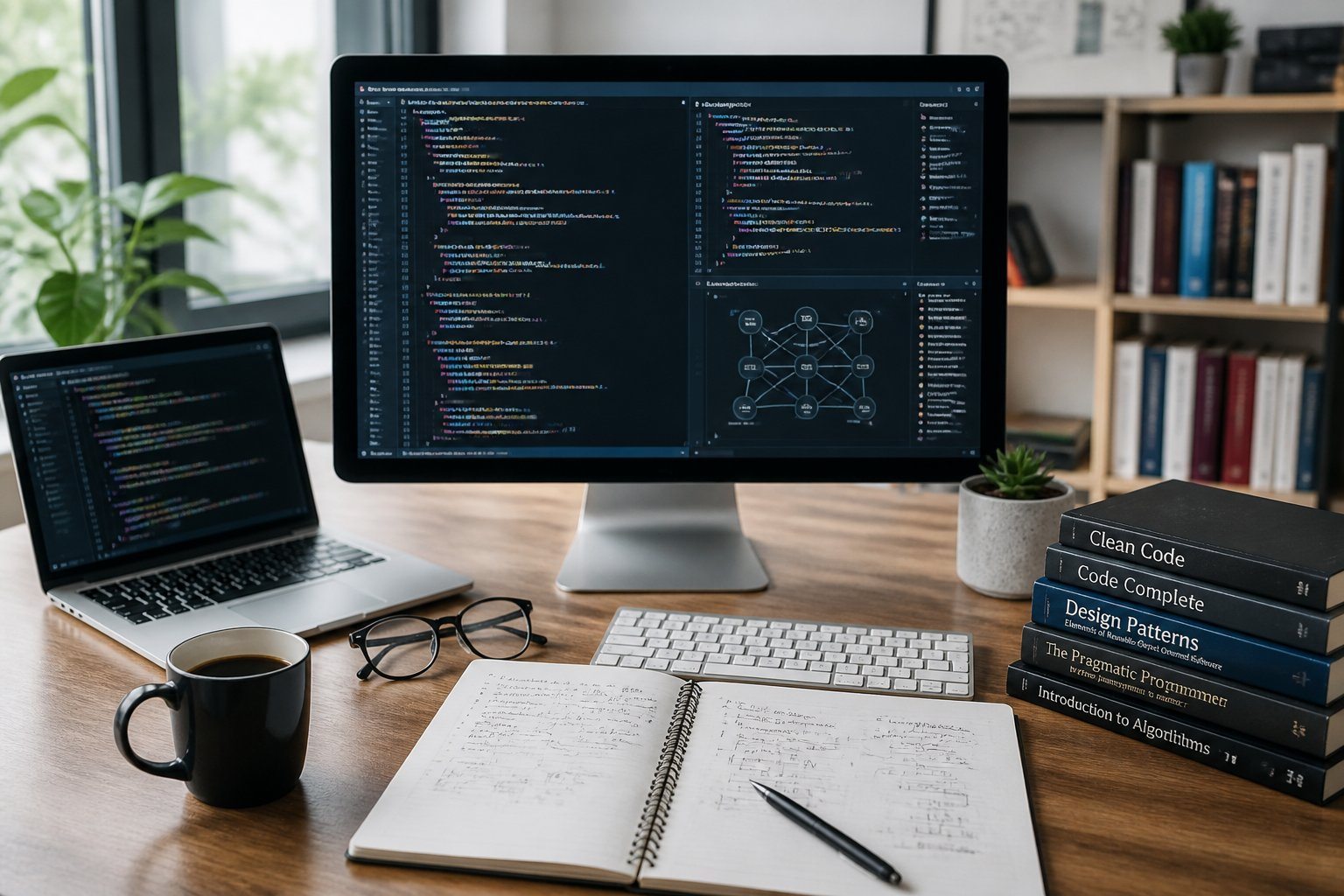 Mesa de trabalho organizada com computador mostrando código, notebook, xícara de café e ambiente de escritório ao fundo.