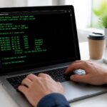 Pessoa digitando comandos no prompt de comando do Windows em um laptop em uma mesa de escritório organizada.
