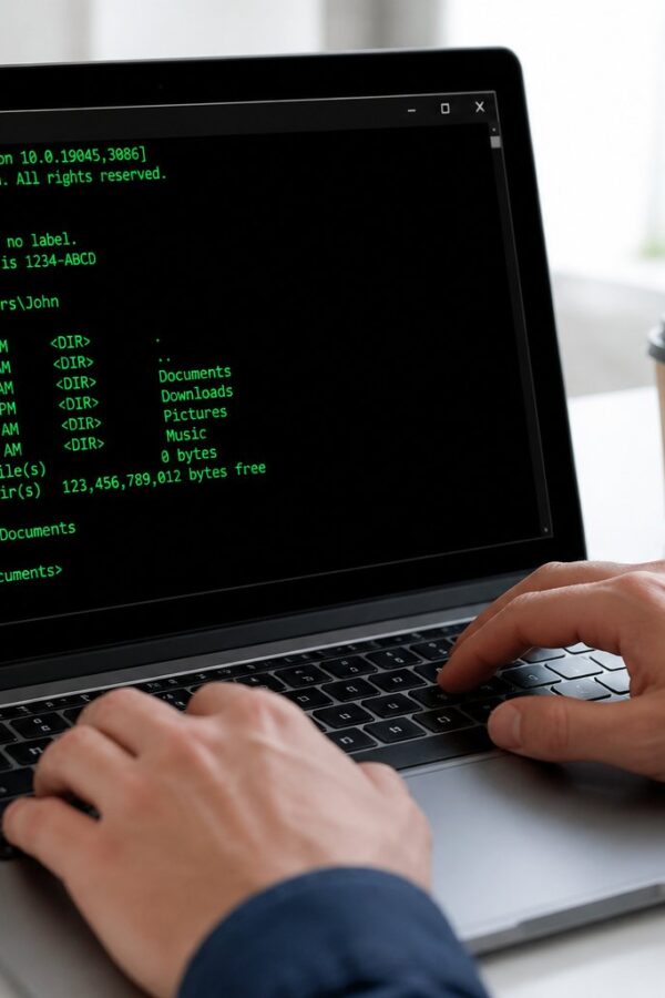Pessoa digitando comandos no prompt de comando do Windows em um laptop em uma mesa de escritório organizada.