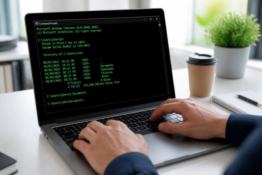 Pessoa digitando comandos no prompt de comando do Windows em um laptop em uma mesa de escritório organizada.